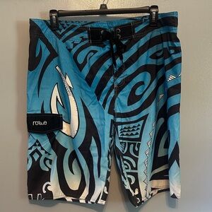 Rogue Men's Aqua and Black Tribal Board Shorts